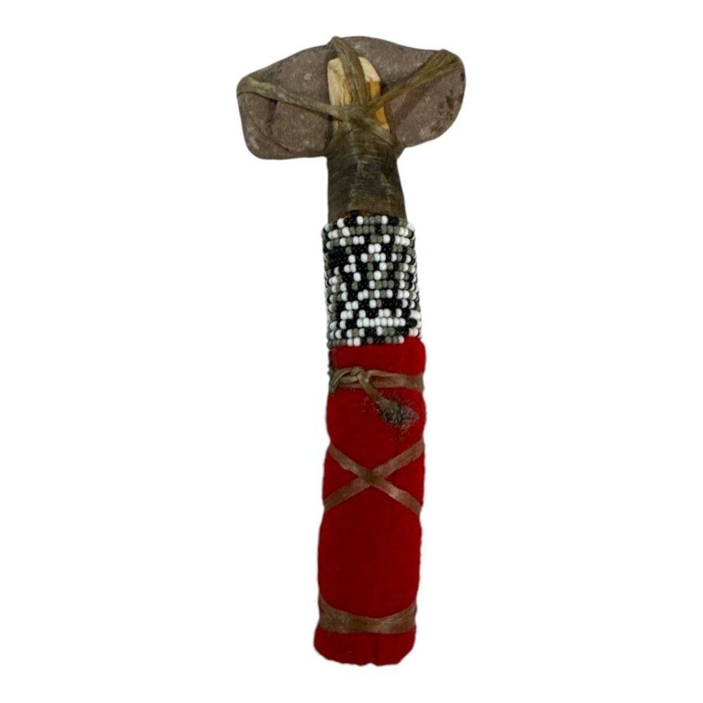 Stone Topped Tribal Inspired Red Wrapped Tomahawk Vintage Miniature 5" Doll